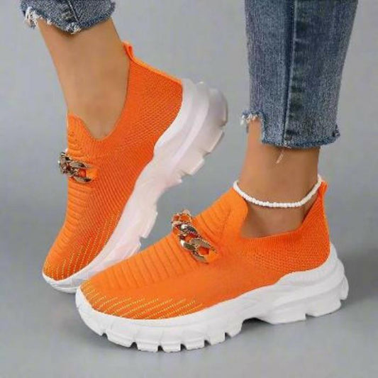 Fashion Chain Design Mesh Shoes For Women Breathable Casual Soft Sole Walking Sock Womens Flat Slip On Shoes Flat Shoes VickyLei