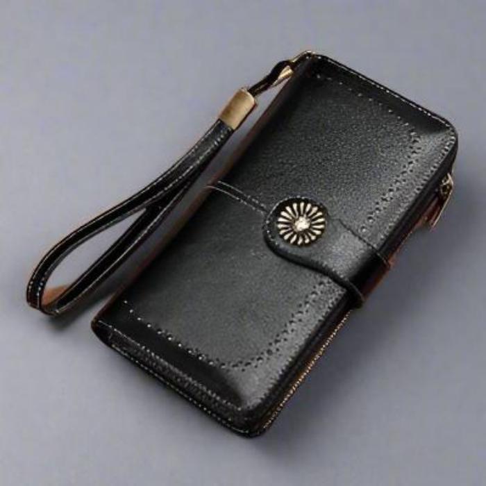 Hollow Women Clutch Leather Wallet Female Long Wallet Women Zipper Purse Strap Money Bag Purse Wallets Renfan Black